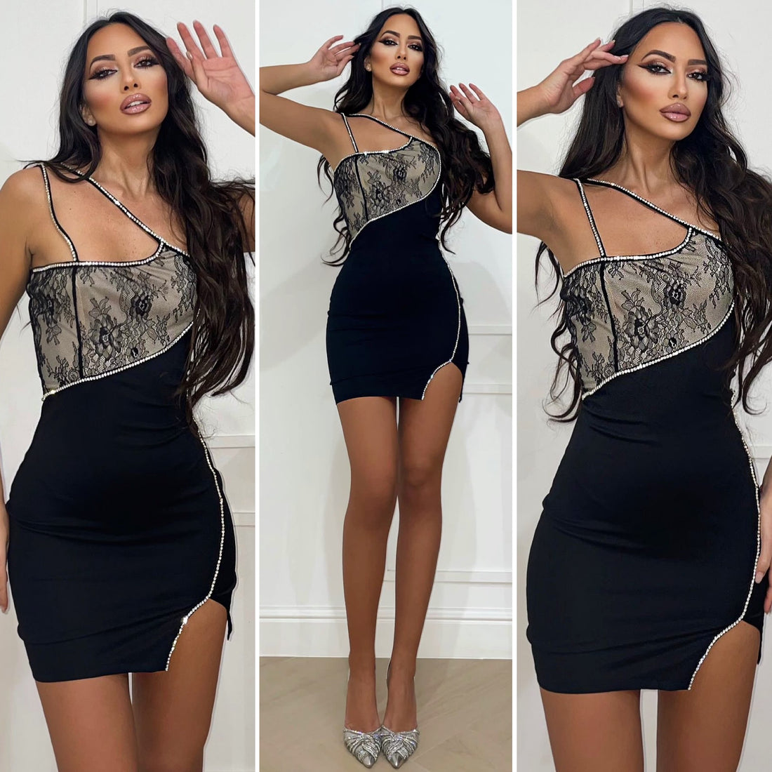 Abito nero con pizzo e strass - R.a. Boutique 