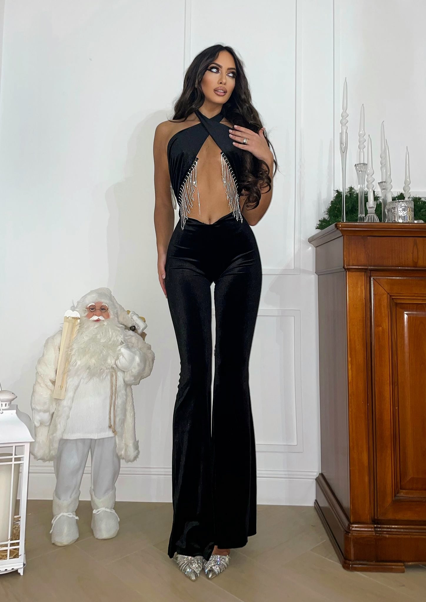 Tuta nero con incrocio e frange in strass - R.a. Boutique 