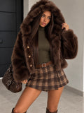 Giacca Corta Effetto Pelliccia Marrone con Cappuccio - R.a. Boutique