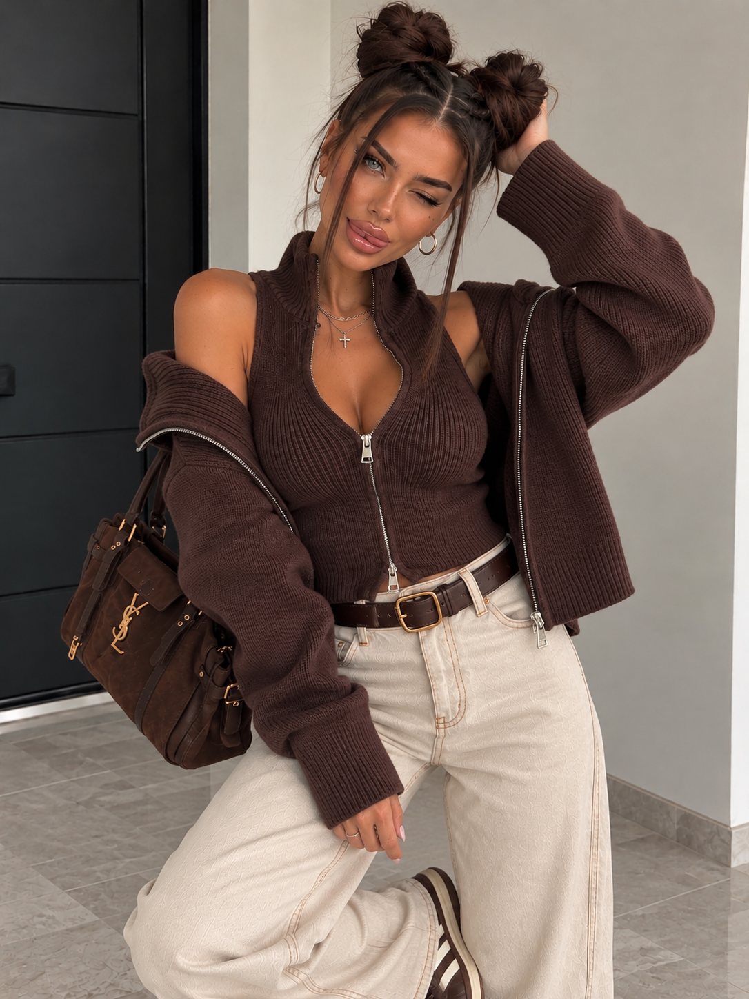 Set Twin Zip in Maglia con Gilet e Giacca - Marrone caffè - R.a. Boutique
