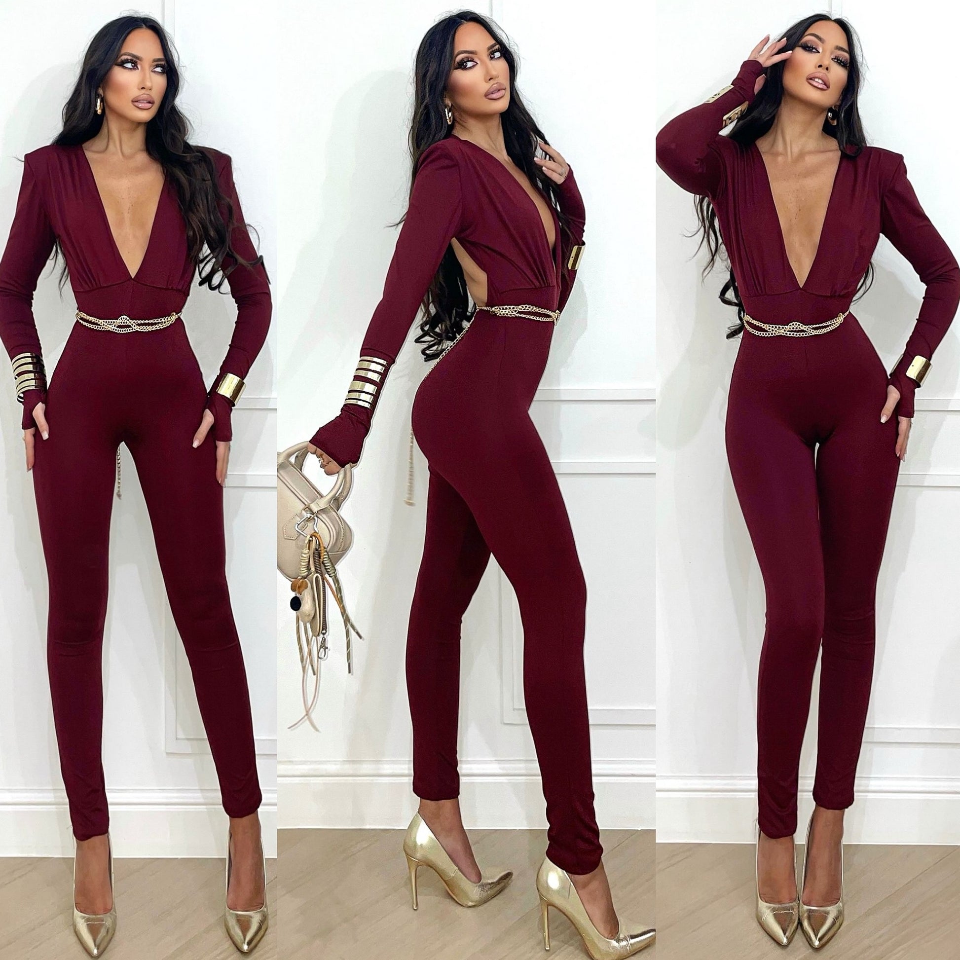 Tuta aderente scollo a V e schiena nuda bordeaux - R.a. Boutique