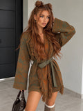 Cardigan Boho Paisley con Frange e Cintura – Verde Oliva - R.a. Boutique