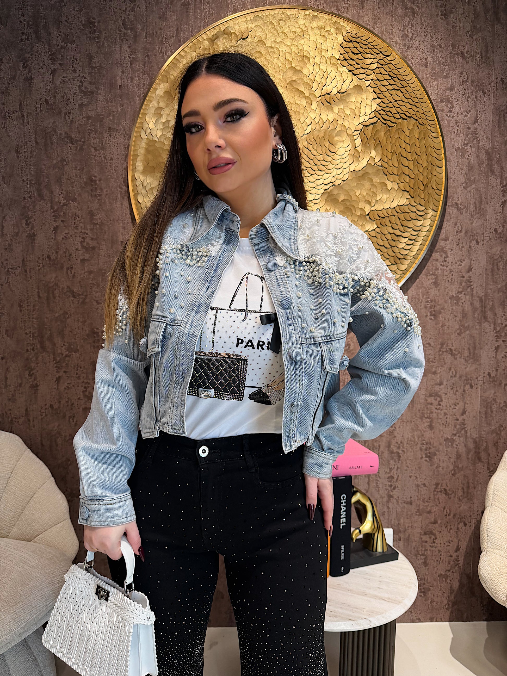 Giacca Denim Pearl Lace Cropped - R.a. Boutique