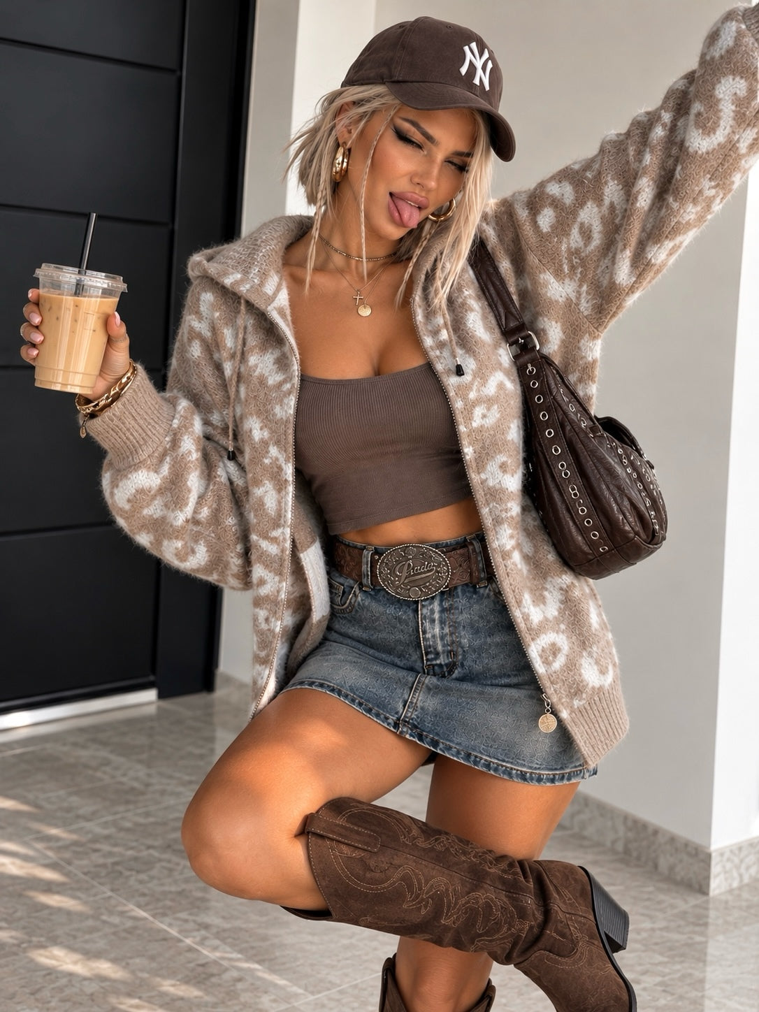 Cardigan Zip Cappuccio Animalier Beige / Bianco - R.a. Boutique