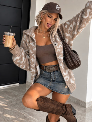 Cardigan Zip Cappuccio Animalier Beige / Bianco - R.a. Boutique