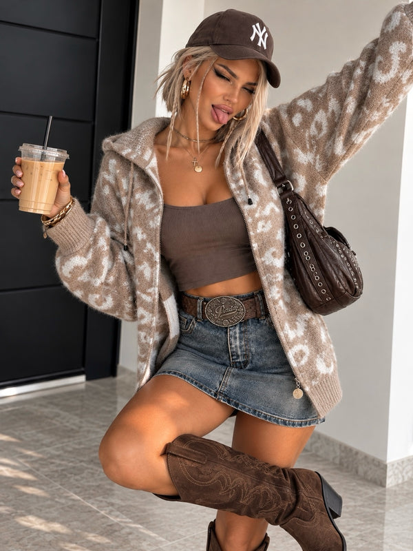 Cardigan Zip Cappuccio Animalier Beige / Bianco