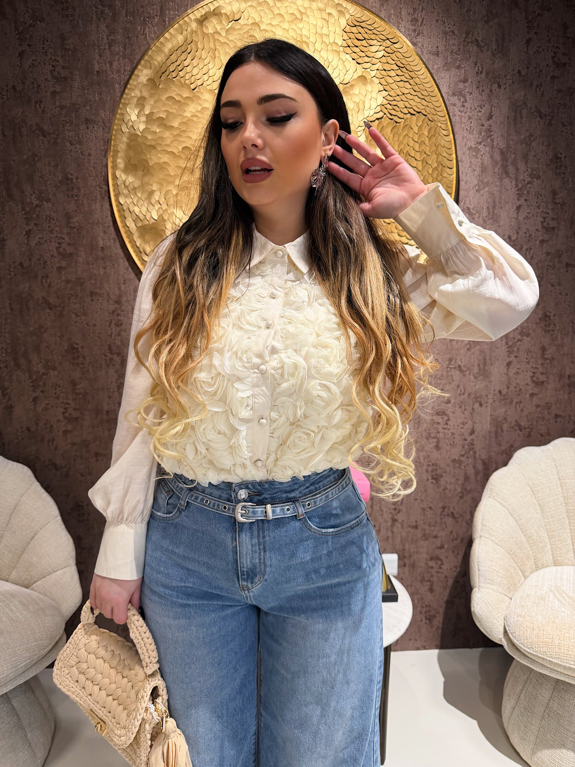 Camicia Roselline 3D Avorio - R.a. Boutique