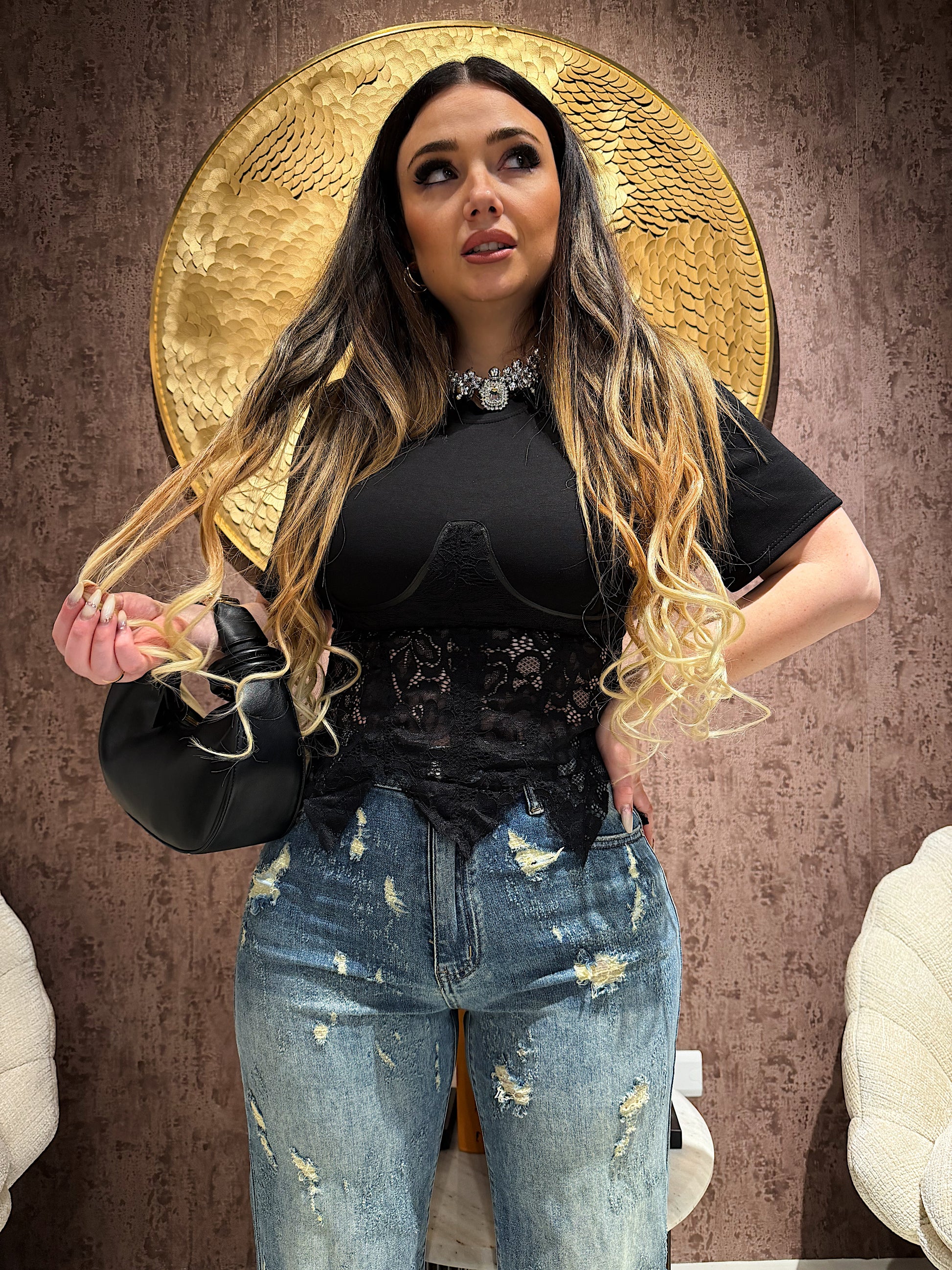 T-Shirt Corsetto con coppe in Pizzo con lacci posteriori - R.a. Boutique