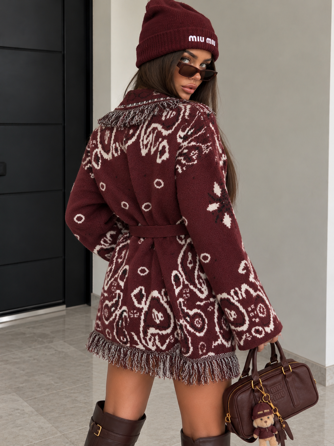 Cardigan Bandana con Frange e Cintura – Bordeaux - R.a. Boutique