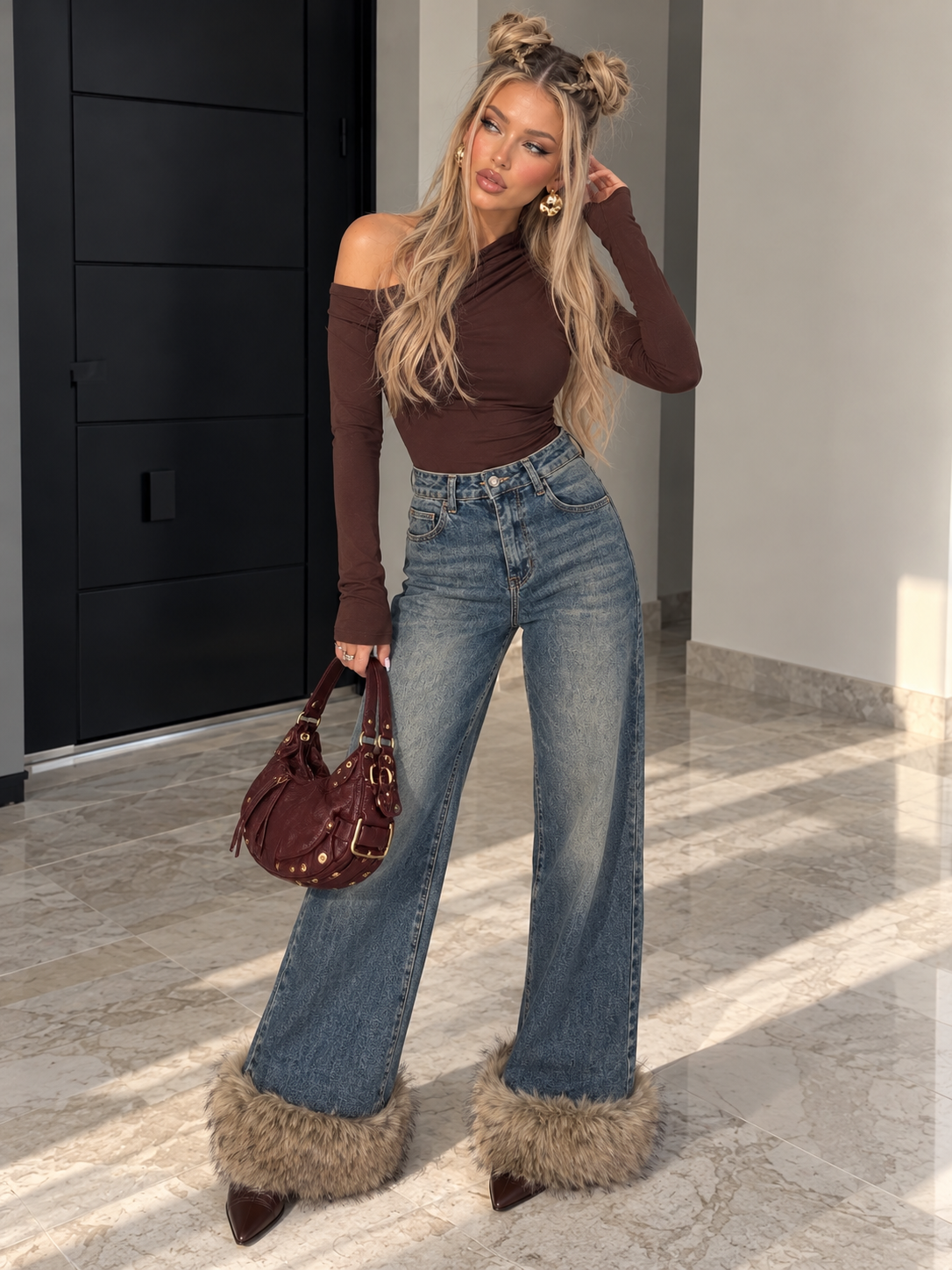 Jeans Palazzo Denim con Bordo Fur - R.a. Boutique