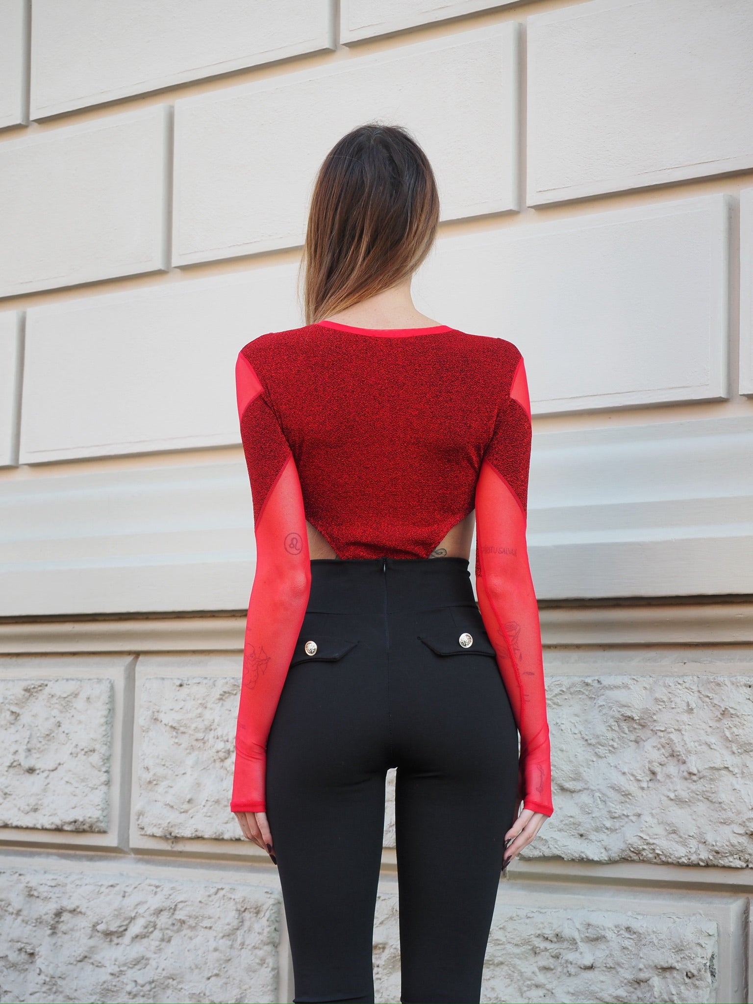 Body con trasparenza e glitter rosso - R.a. Boutique 