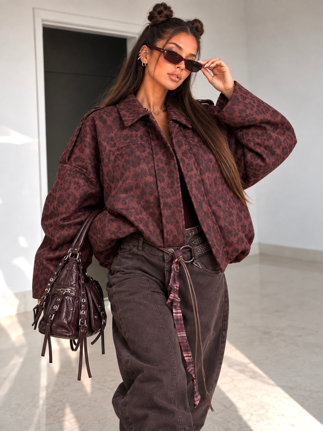 Bomber Wild Bordeaux Animalier Foderato con Zip - R.a. Boutique