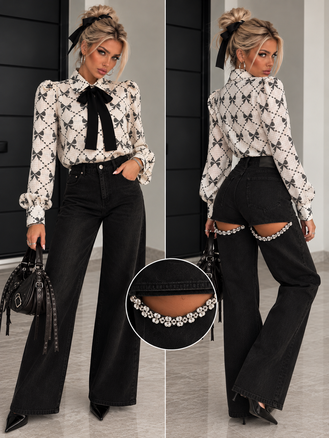 Jeans Nero Strappi Posteriori con Strass - R.a. Boutique