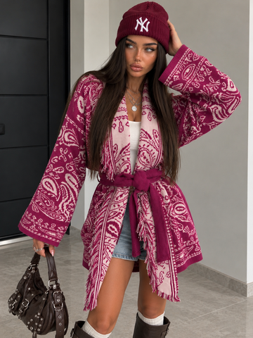 Cardigan Boho Paisley con Frange e Cintura – Fucsia - R.a. Boutique