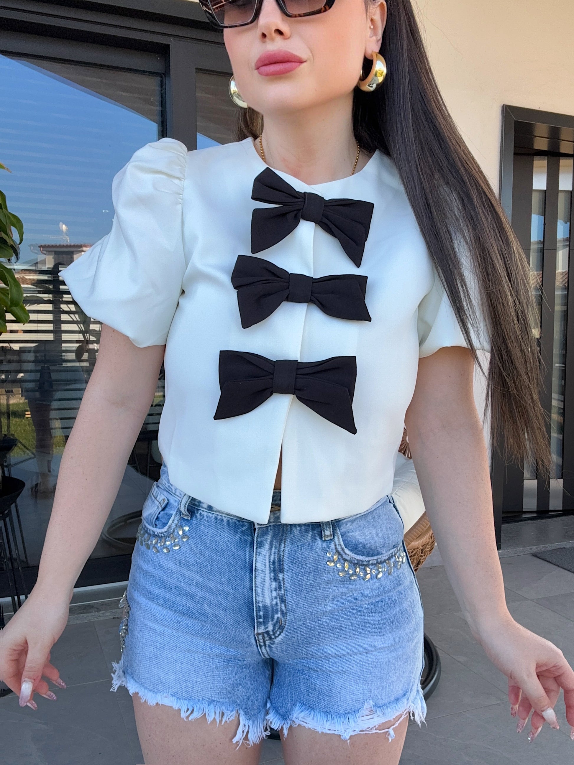 Giacca crop con fiocchi bianco nero - R.a. Boutique