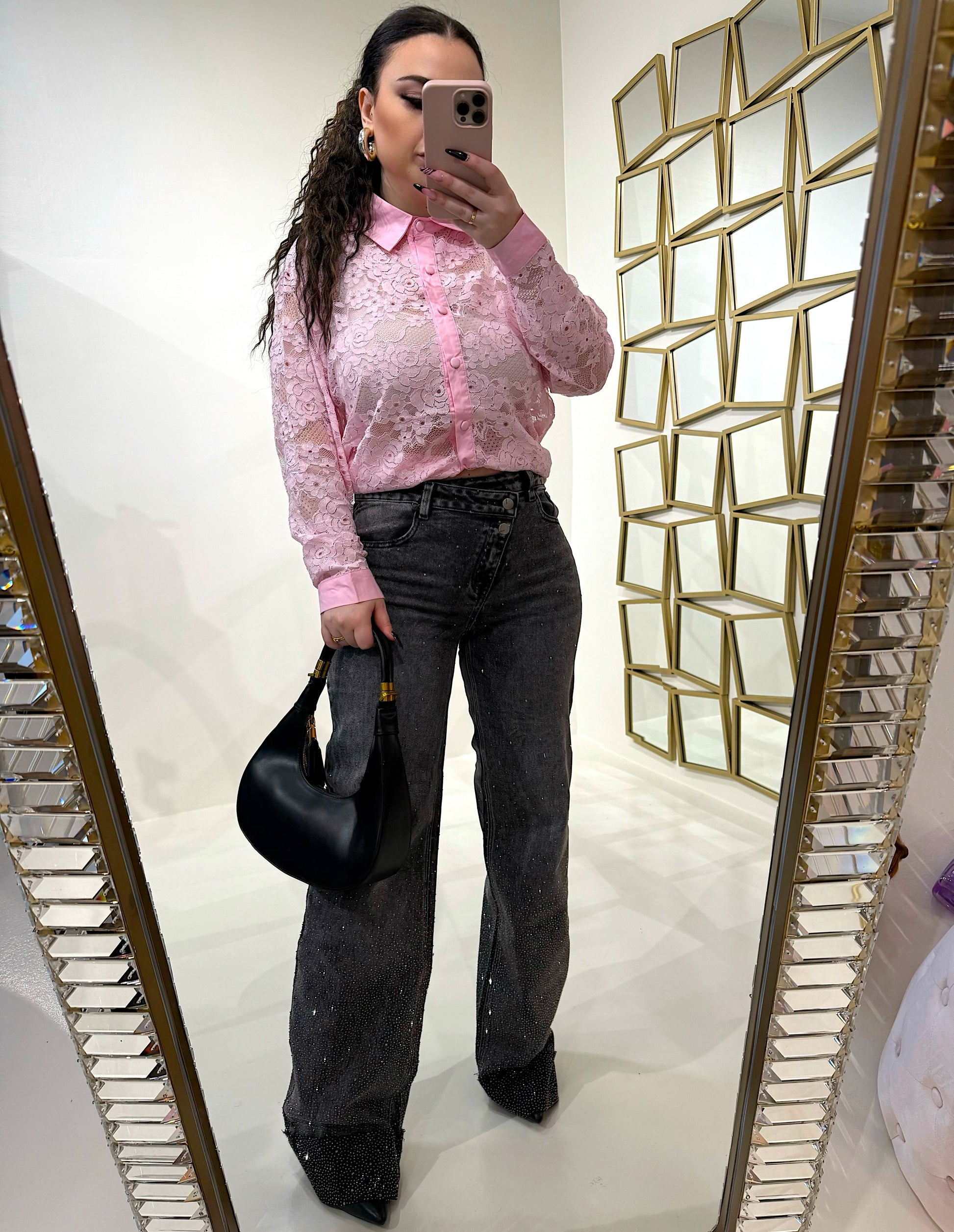 Jeans scuro con strass e risvolto - R.a. Boutique