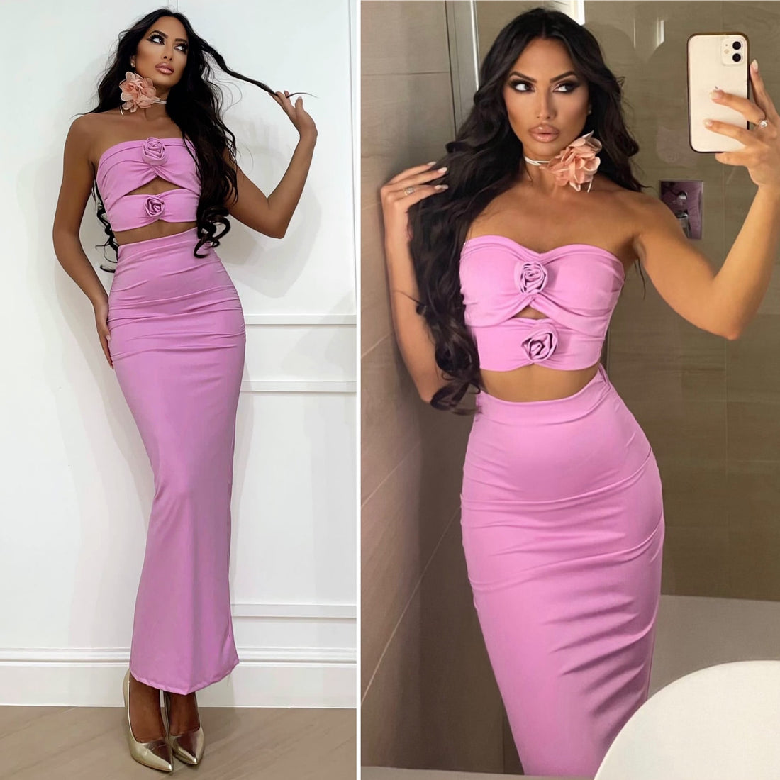 Completo top e gonna con rose rosa barbie - R.a. Boutique 