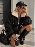Giacca Bomber Nera con Collo Teddy Panna - R.a. Boutique