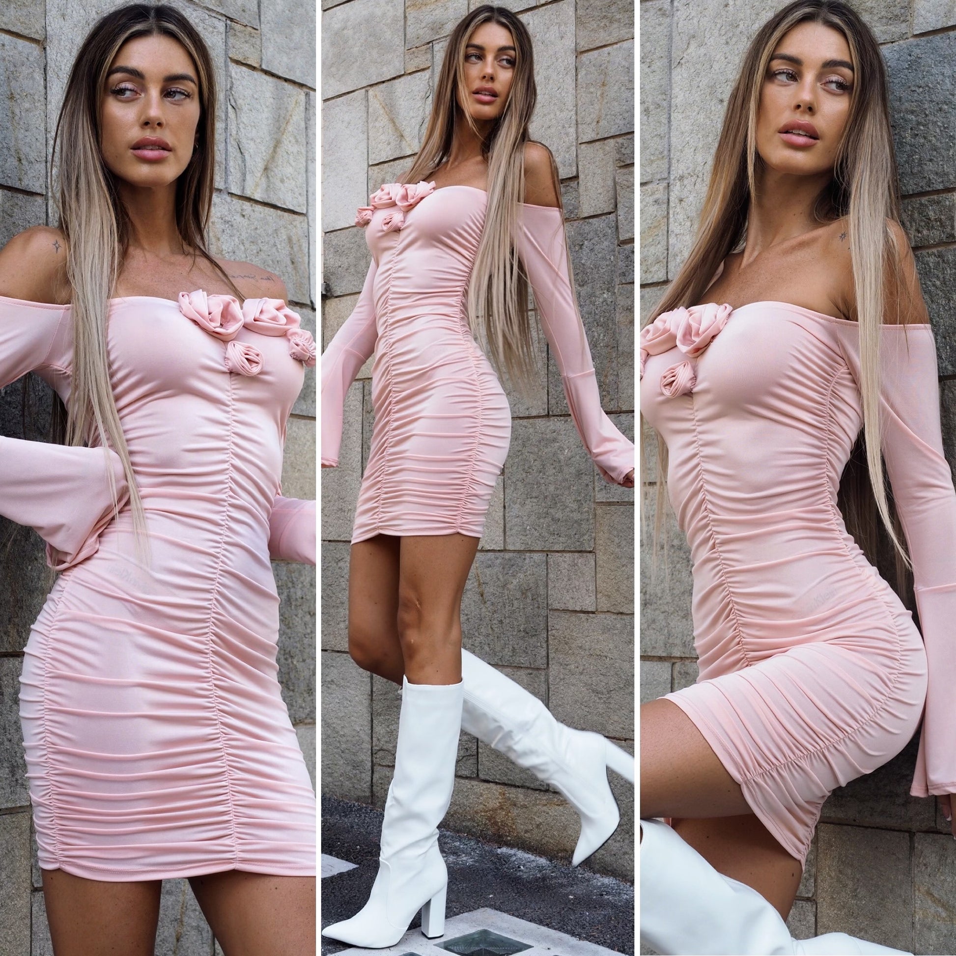 Abito con rose scollo a barca rosa - R.a. Boutique 