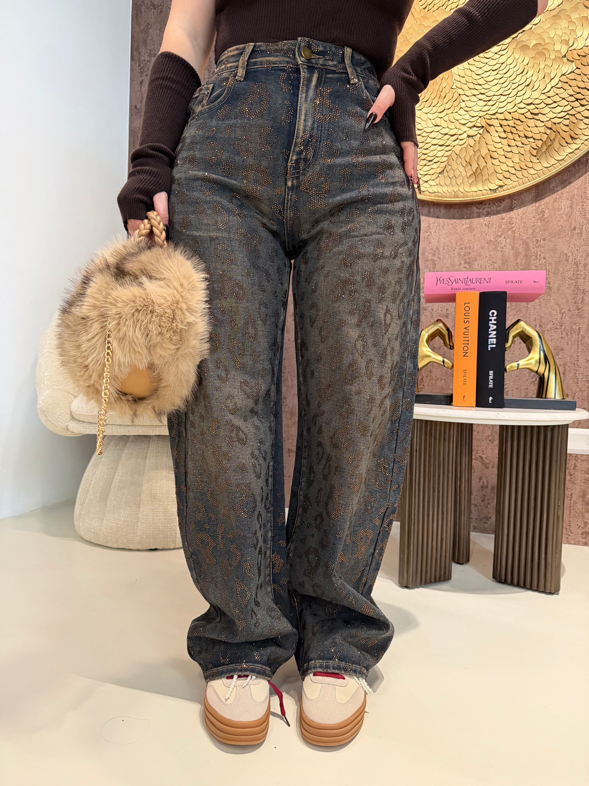 Jeans Balloon Fit con Stampa Animalier e Strass - R.a. Boutique