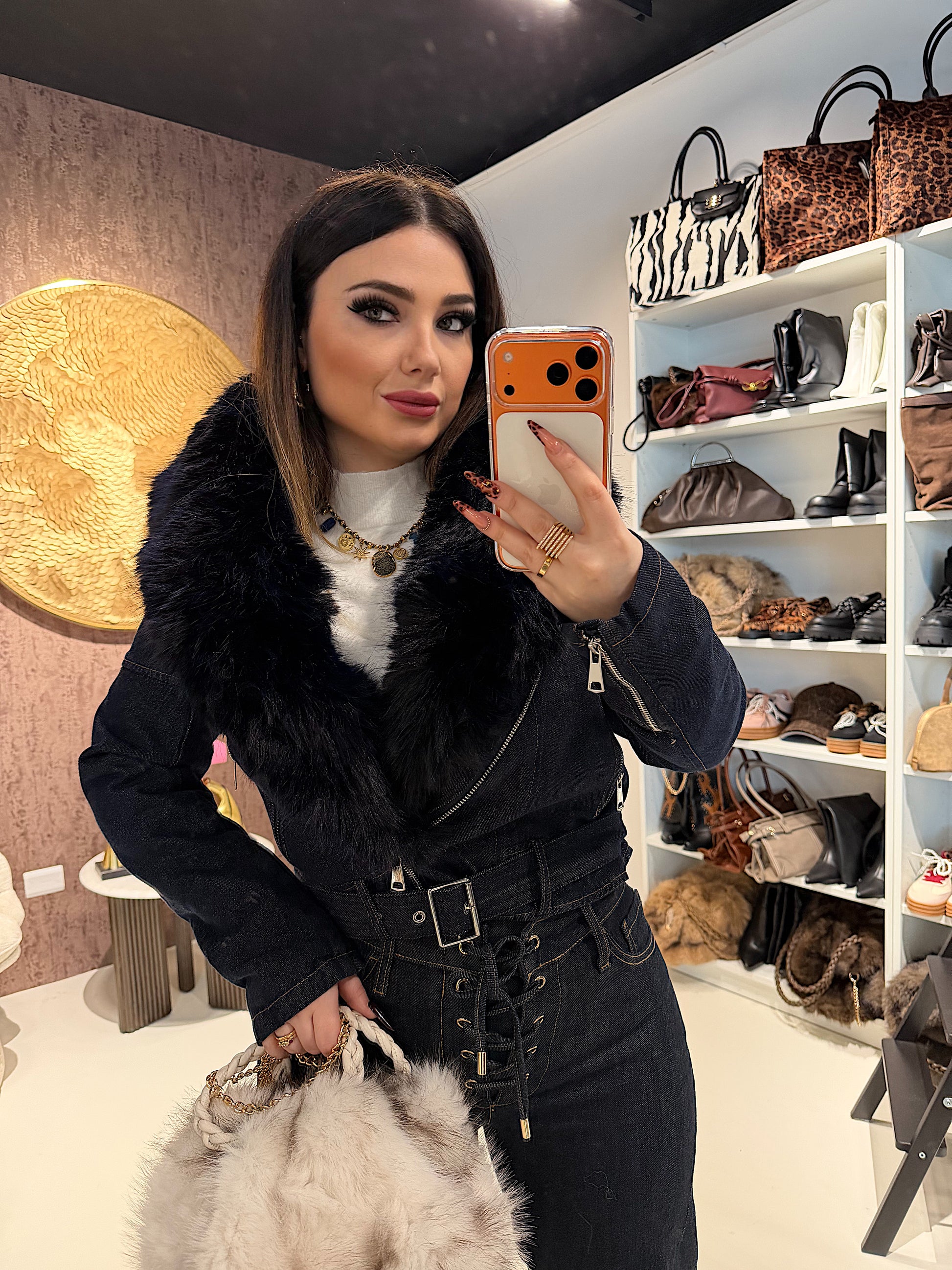 Giacca Denim Luxury Fur Navy - R.a. Boutique