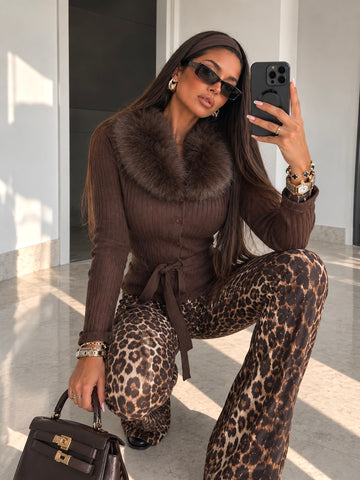 Cardigan Ribbed Fur Collar con Cintura