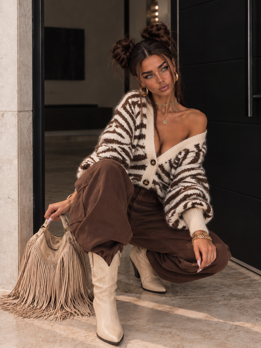 Cardigan Zebrato Panna e Marrone - R.a. Boutique