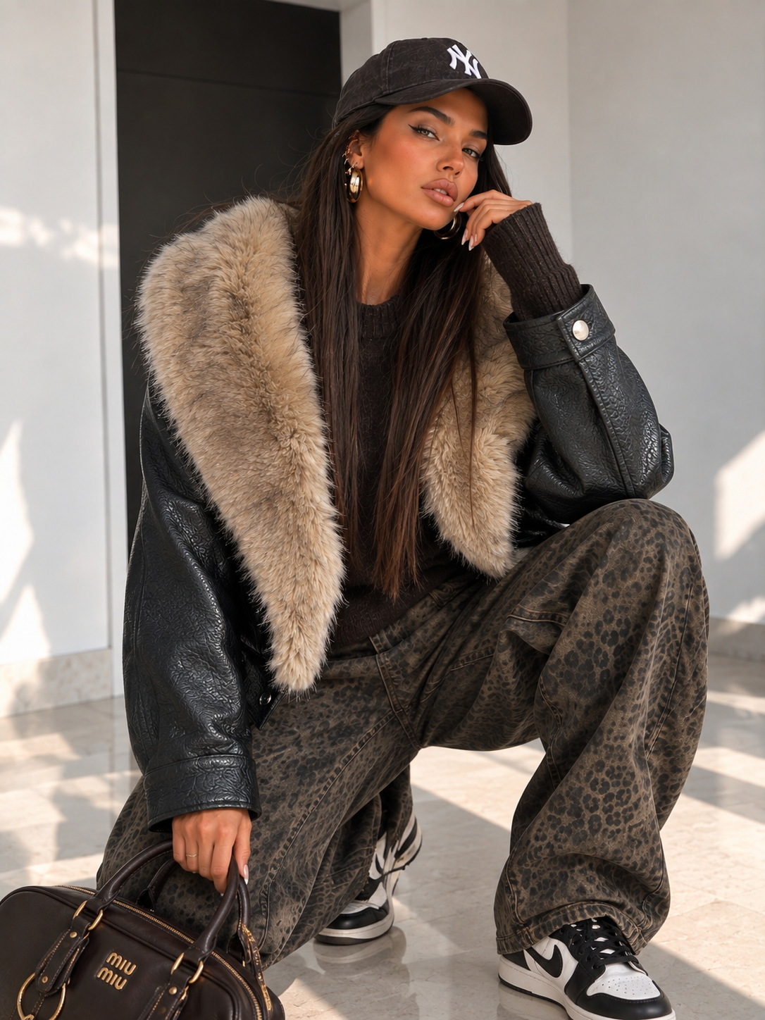 Bomber Nero Effetto Pelle con Maxi Collo Effetto Pelliccia - R.a. Boutique