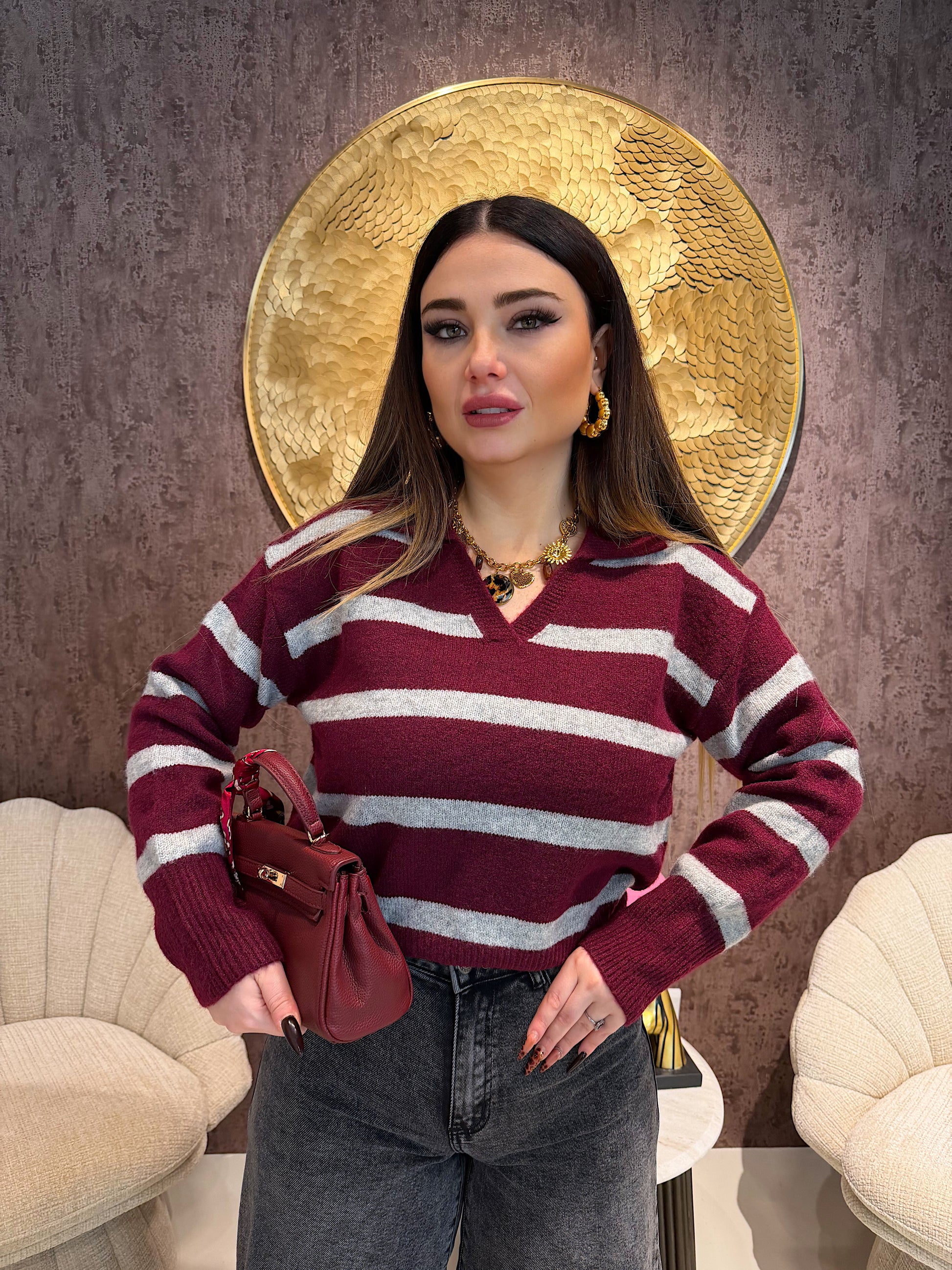 Maglione a righe bordeaux grigio - R.a. Boutique