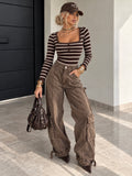 Pantalone Cargo Marrone Wide Leg con Tasche - R.a. Boutique