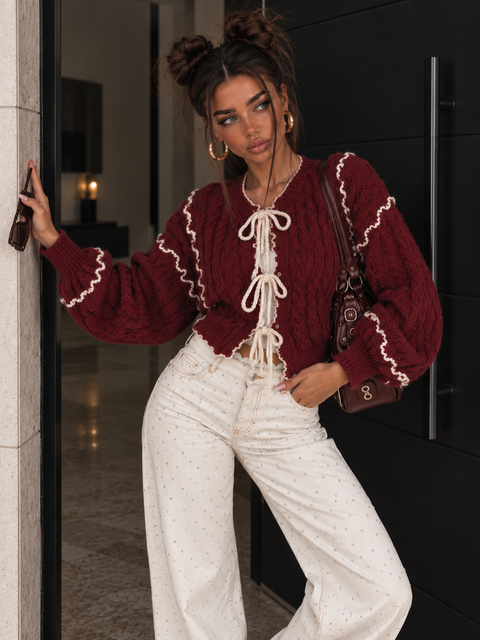 Cardigan a Trecce con profili a Contrasto
