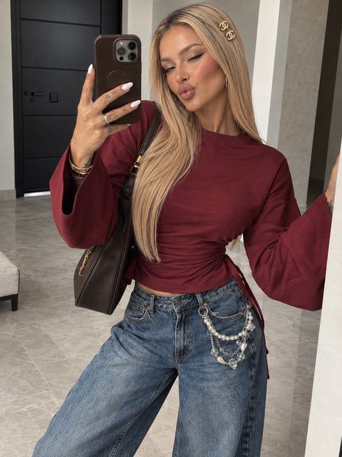 Maglia Bordeaux Manica Ampia Vita Arricciata