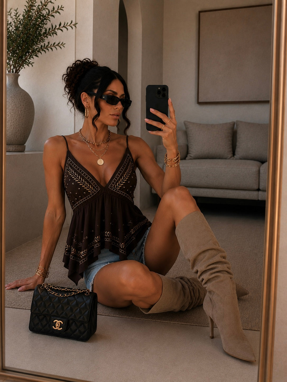 Top marrone con borchie e ricami geometrici - R.a. Boutique