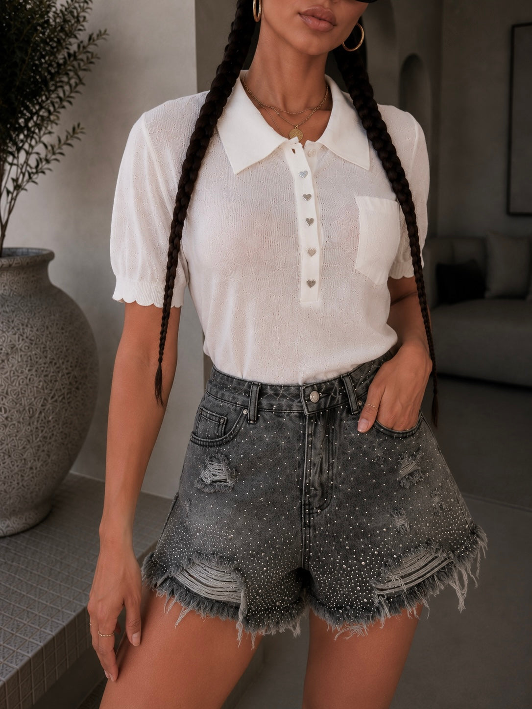 Short jeans grigio con strass - R.a. Boutique