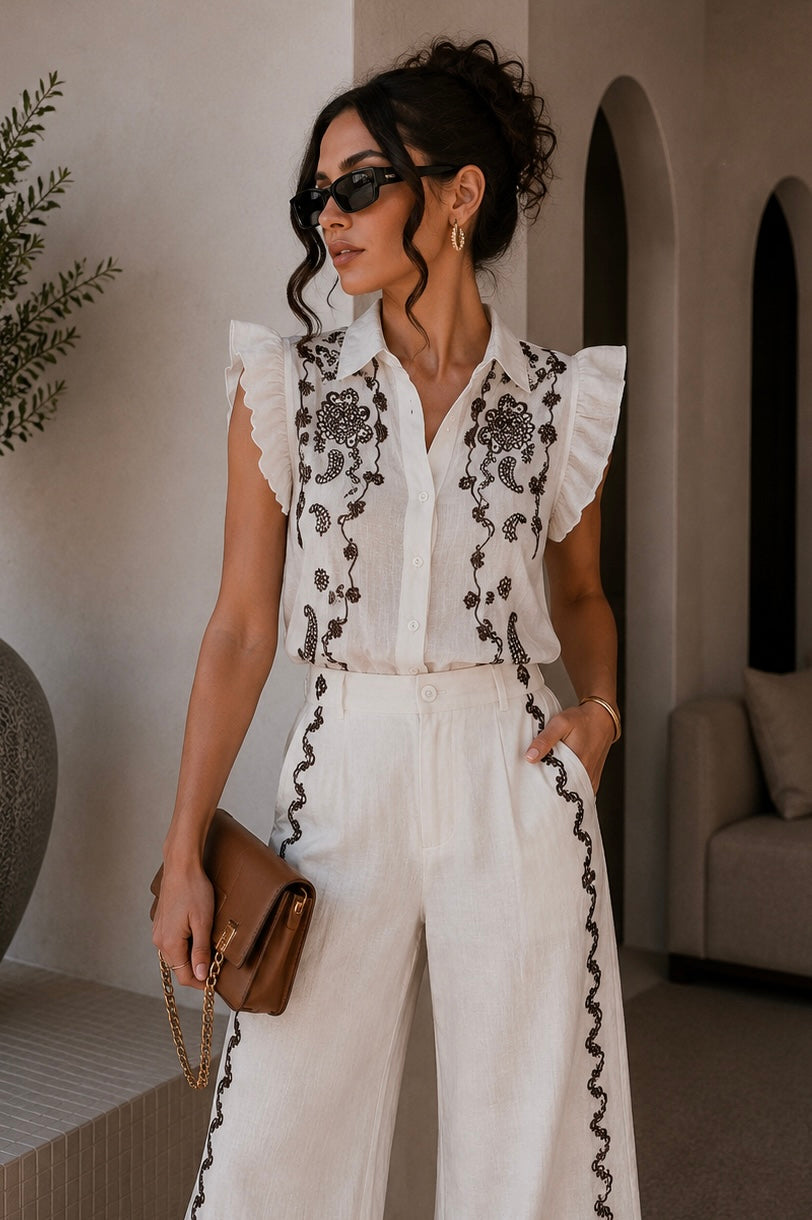 Completo Camicia pantaloni con ricami bianca - R.a. Boutique