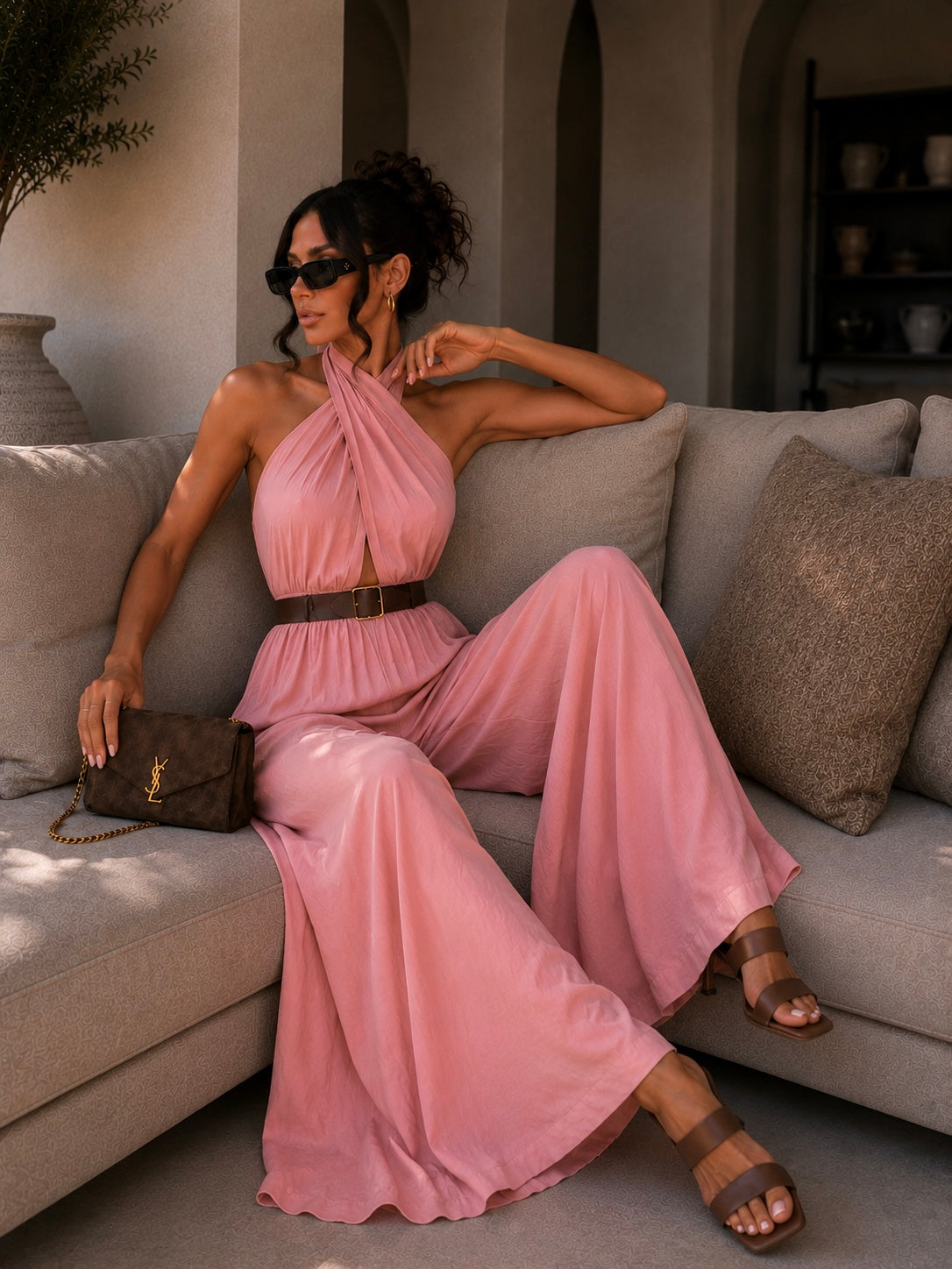 Tuta palazzo elasticizzata con cintura - R.a. Boutique