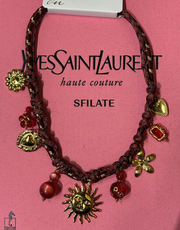 Collana corda bordeaux sole e fiori