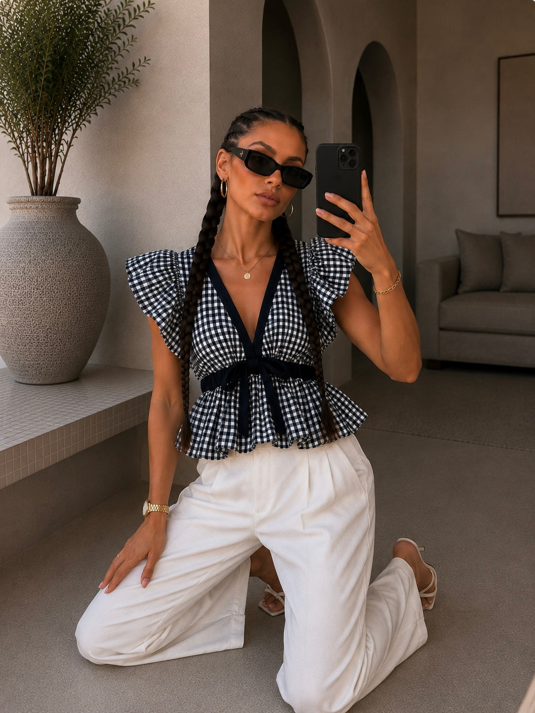 Top vichy con volant e fiocco bianco e blu - R.a. Boutique