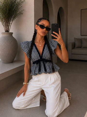Top vichy con volant e fiocco bianco e blu - R.a. Boutique