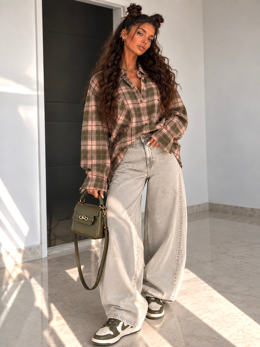 Camicia Lunga a Quadri con Tasche verde rosa - R.a. Boutique