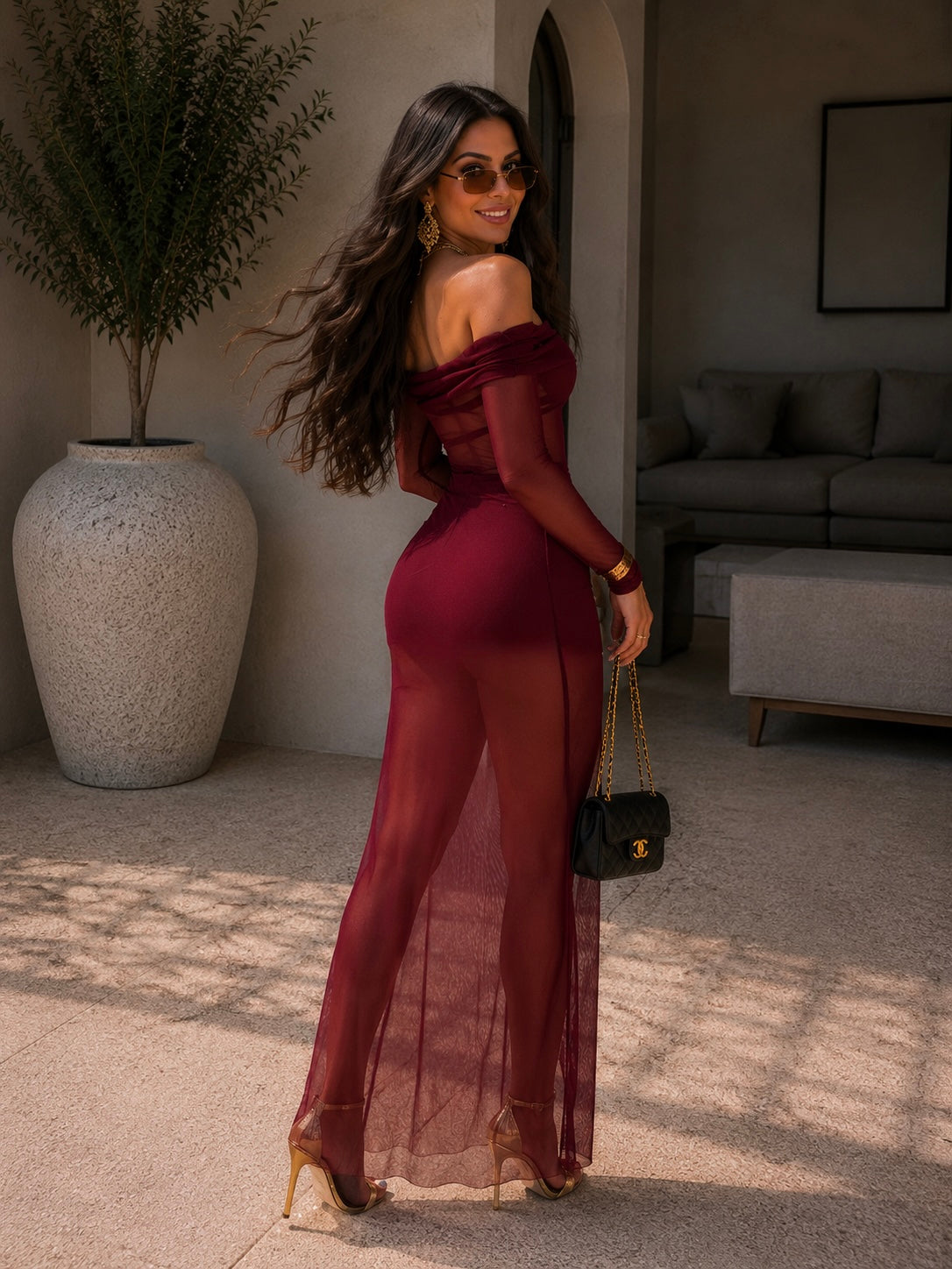 Abito bordeaux con trasparenza - R.a. Boutique