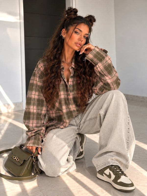 Camicia Lunga a Quadri con Tasche verde rosa