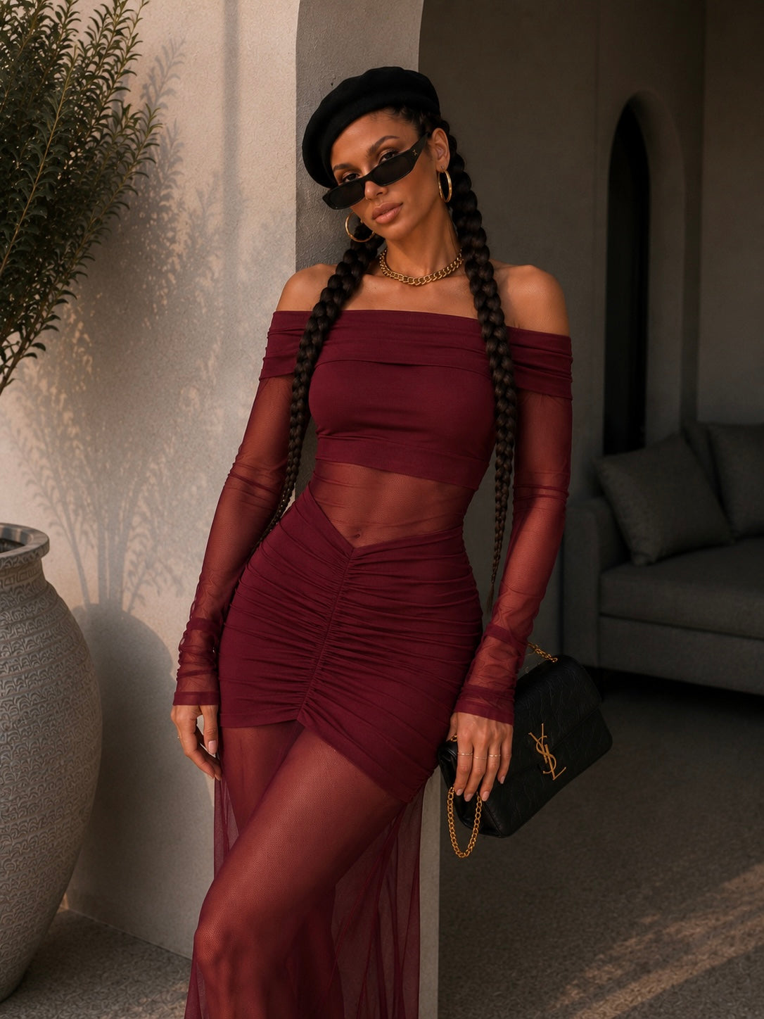 Abito bordeaux con trasparenza - R.a. Boutique