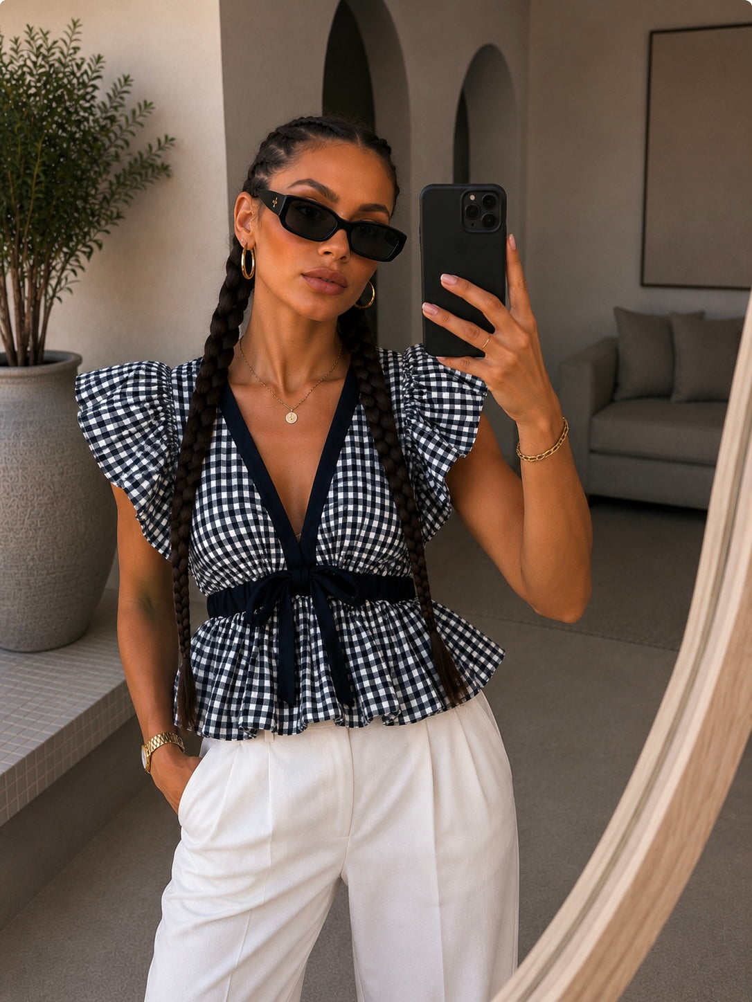 Top vichy con volant e fiocco bianco e blu - R.a. Boutique