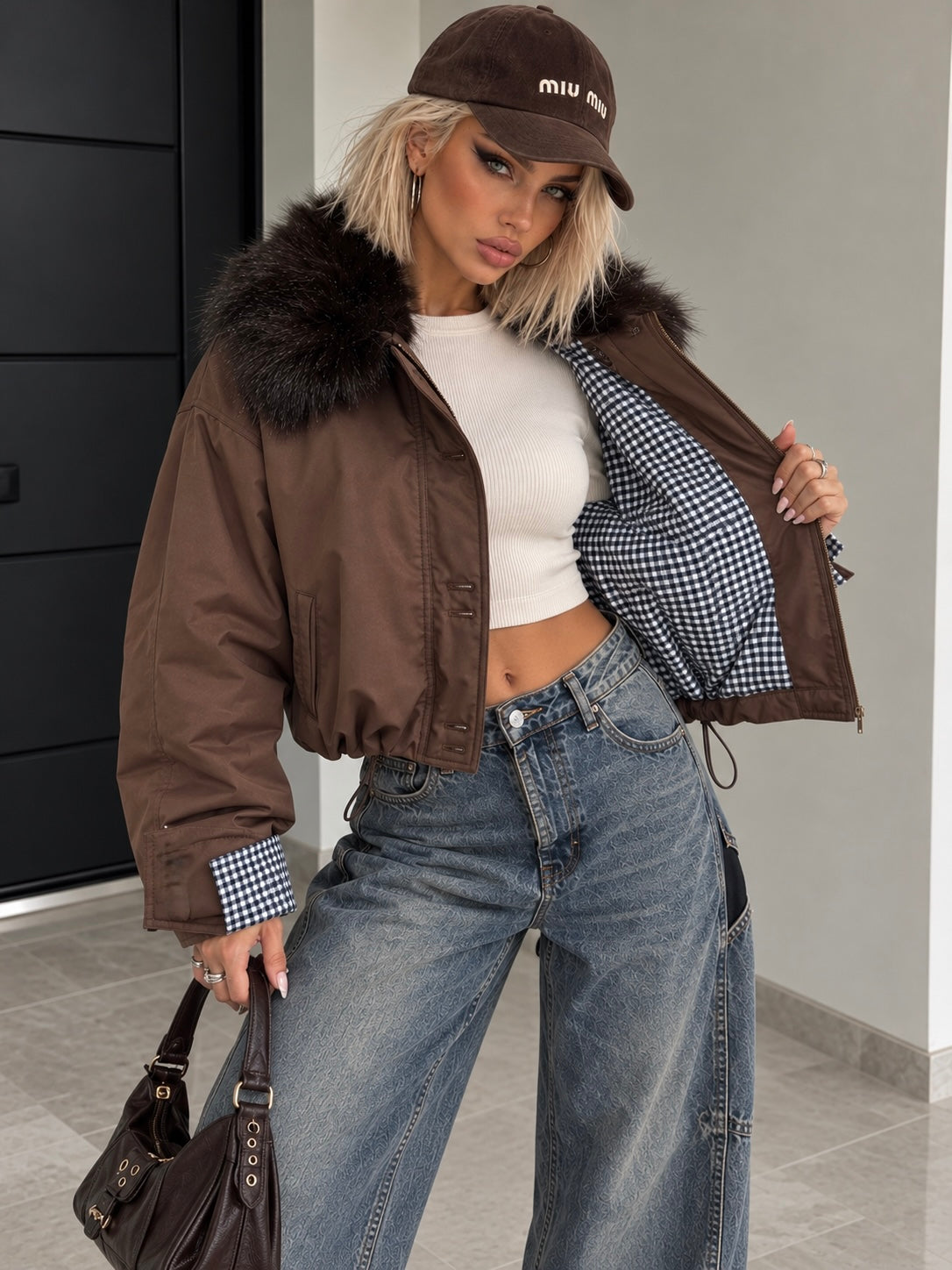 Bomber Marrone con Collo Effetto Pelliccia - R.a. Boutique