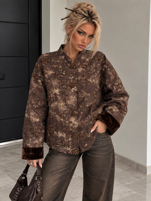 Giacca Vintage Jewel Marrone con Ricami Gioiello