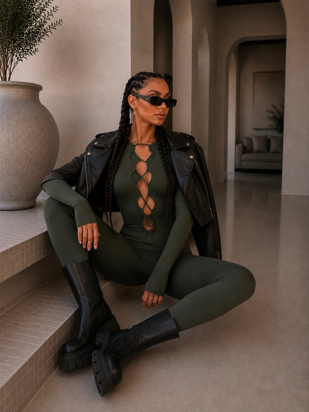 Tuta aderente verde militare con incroci - R.a. Boutique