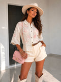 Camicia con rose ricamate manica a tre quarti - R.a. Boutique