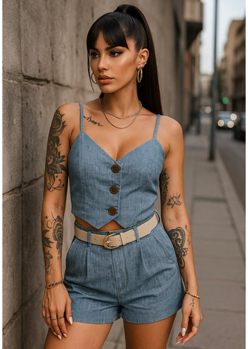 Completo top e short con cintura color jeans - R.a. Boutique