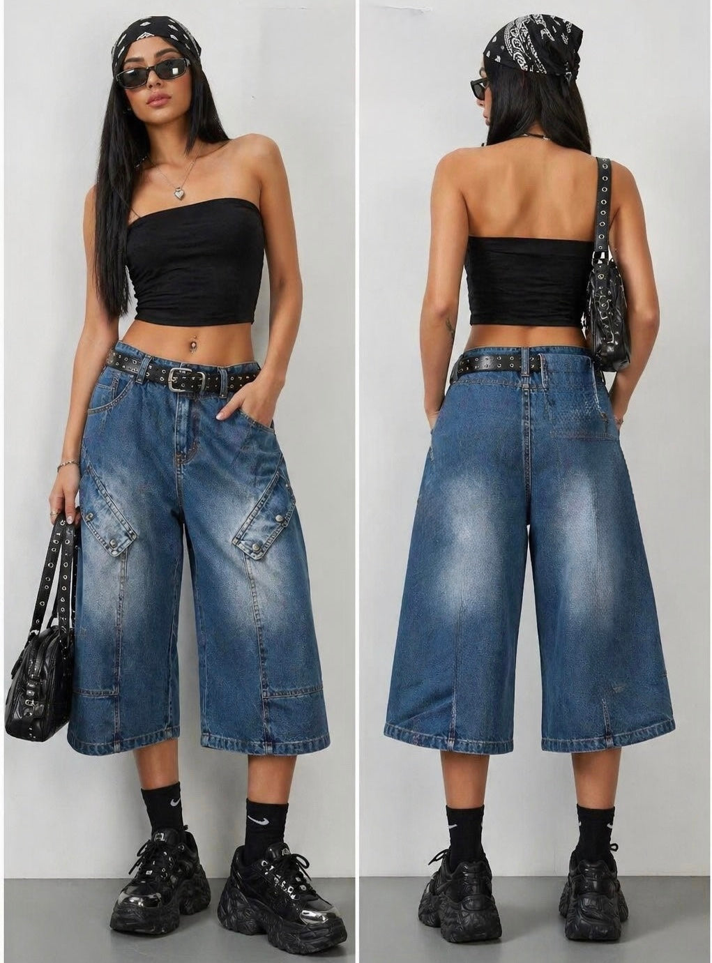 Bermuda Denim Cargo “Street Icon” con Cintura Borchiata - R.a. Boutique